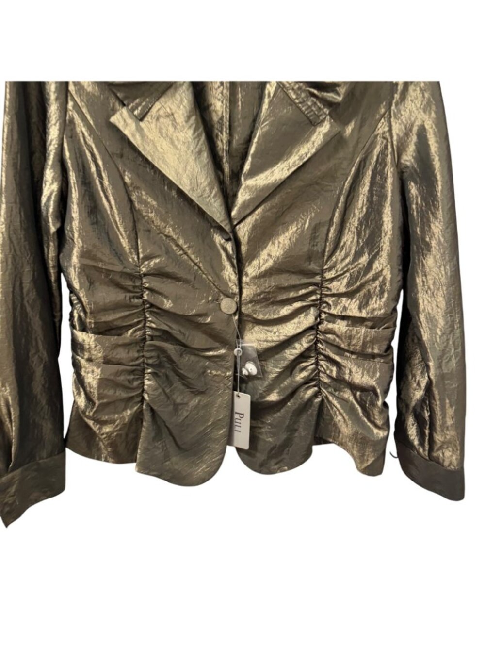 Puli Metallic  Ruched Jacket With Dramatic Collar Sz 14 lightweight NWT - Picture 6 of 11